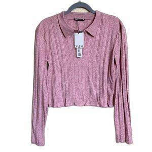 ZARA Light Mauve top women long sleeve collar top with a lettuce hem size S chic